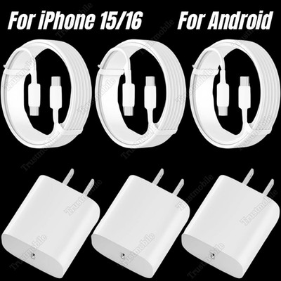 For iPhone 16 15 Pro Max Samsung PD Fast Charger Cable 20W USB-C Power Adapter