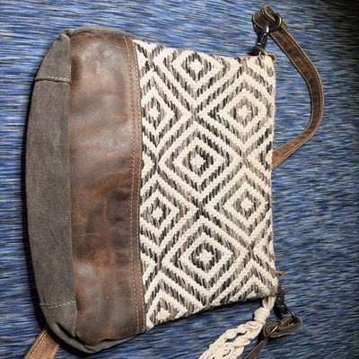 Myra Upcycled Crossbody Shoulder Bag Purse Leather Woven Canvas Bohemian