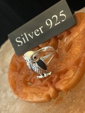 Solid Silver Owl Ring ( Black Enamel )
