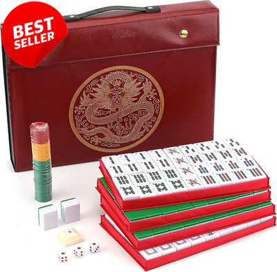 Chinese Mahjong Set XL 1.5 Inch Green Numbered Tiles Travel Case Manual - US