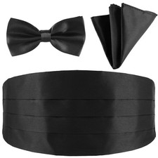 Men's Cummerbund Bow Tie Set Adjustable Solid Color Tuxedo Large, Black