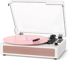 Pink Vintage Bluetooth Vinyl Record Player with Speakers  LED Display
