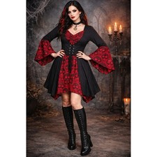 Gothic Skull Lace Dress Sz XXL Black Red Bell Sleeve Asymmetrical Whimsigoth