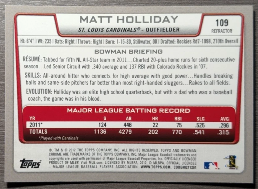 2012 Bowman Chrome - Matt Holliday #109 Refractor Rockies Cardinals Legend - Image 2 of 2