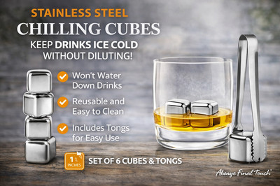 Final Touch Stainless Steel Chilling Cubes Set   6 Cubes + Tongs   Reusable