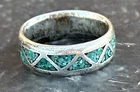 Men's Vtg Old Pawn Sterling Silver Inlay Turquoise Ring Band Sz 10.25 8MM 6.7gr