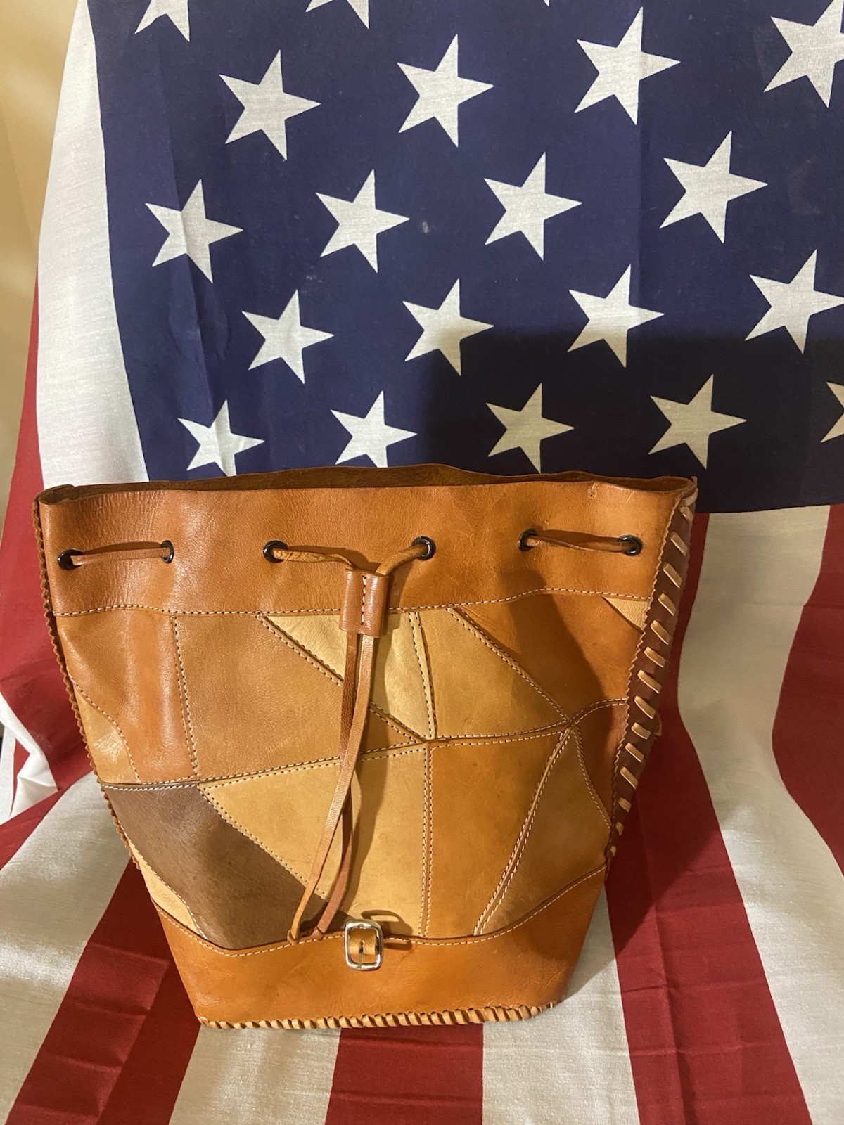 Patchwork Leather Drawstring Shoulder Bag Brown T… - image 6