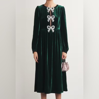 Saloni Camille velvet liquid bows midi dress Ladies size uk 4 us 0 Racing green