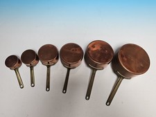Vintage  set of 6 copper pans with brass handles, mini saucepans
