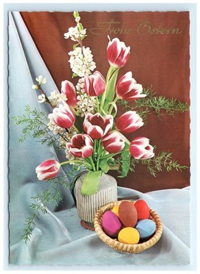 Vintage Easter Tulips Painted Eggs German Postcard
