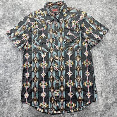 Rock & Roll Denim Shirt Mens Large Black Aztec Short Sleeve Snap Front Western