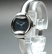 [Exc+5] Vintage Gucci 1400L 25mm Black Dial Silver Quartz Womens bracelet Watch