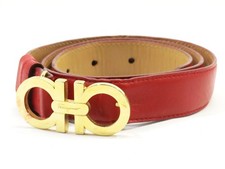 Salvatore Ferragamo Waist Belt Red Gold Leather Gancini Authentic From Japan