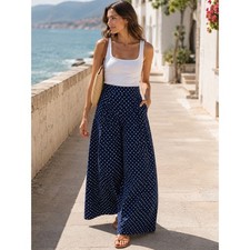 Vintage High-Waisted Polka Dot Navy Blue Palazzo Wide Leg Pants USA Union 10