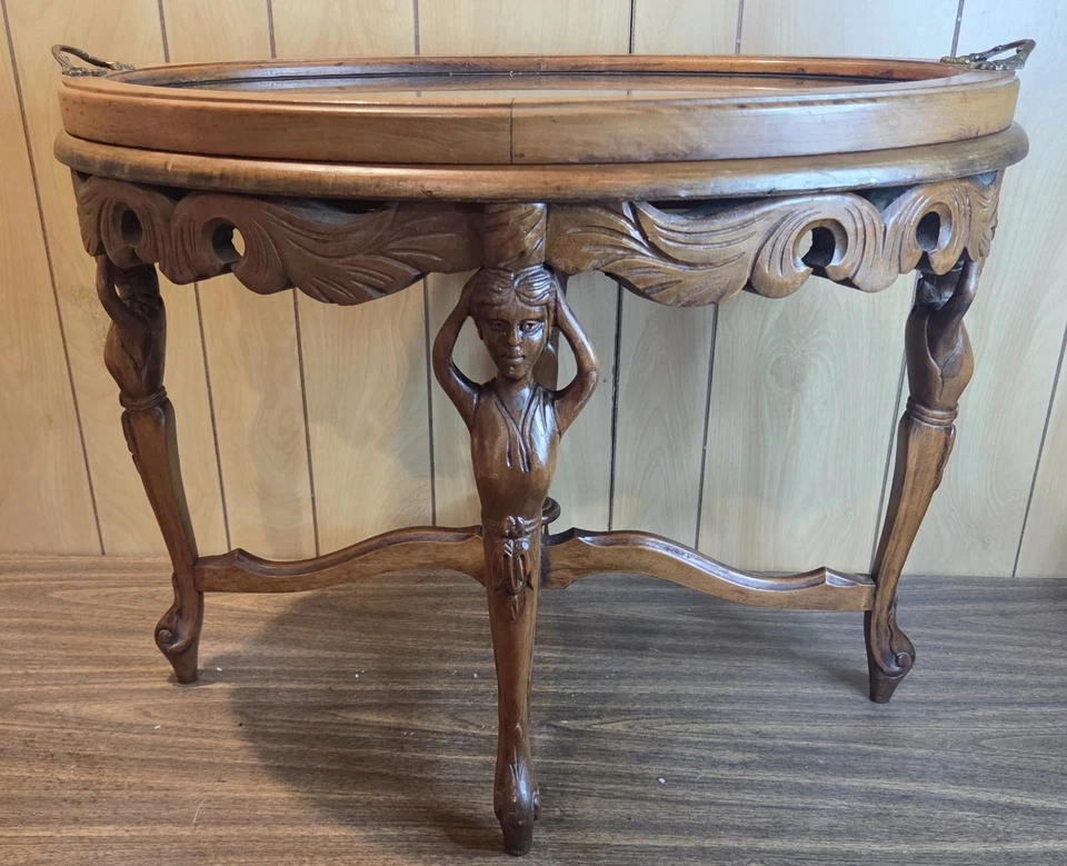 Antigua mesa ovalada renacentista francesa madera tallada figura cristal doncellas Foto 4 de 4