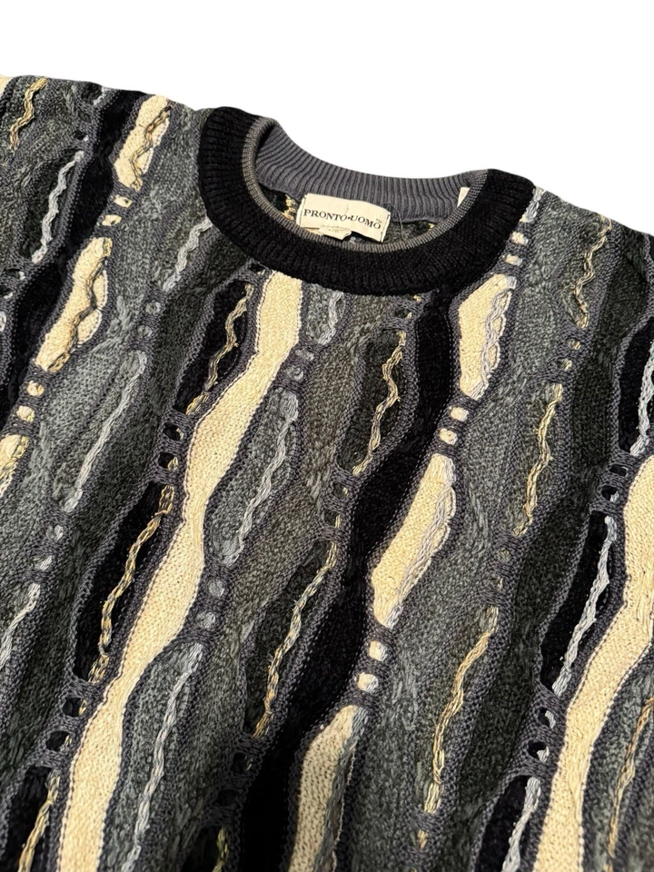 Vtg Pronto Uomo Coogi Style Sweater L 3D Knit Textured Abstract Black Grey 90s - Image 4 of 4