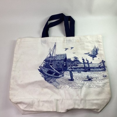 Vintage Aquarius Canvas Tote Bag Nautical Shrimp Boat Dock Pier Pelican Sea