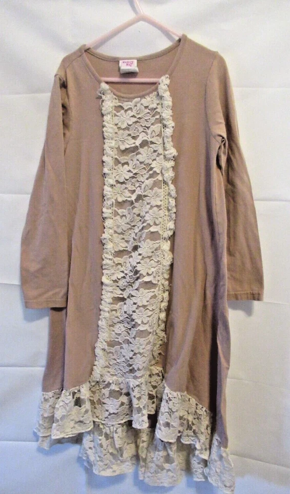 MALLORY MAY девочек платье hi низкий бежевый румяна кружева длинным рукавом вязаный размер 10 - Изображение 3 из 4