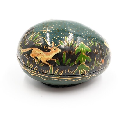 Vintage Wood Egg Shaped Box Hand Painted Woodland Scene Deer Fox Signed Kashmir