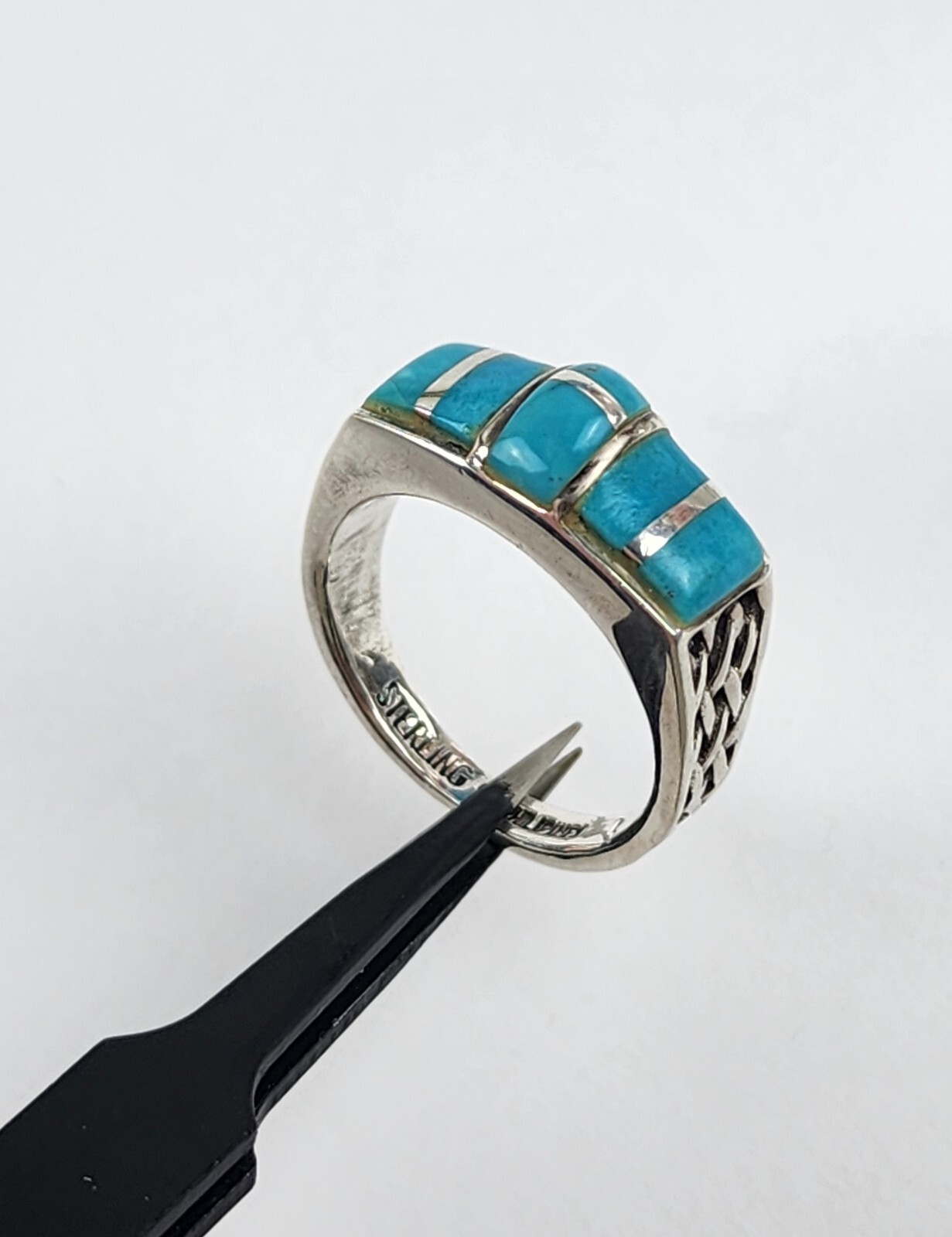 Solid Sterling Silver Turquoise Ring Basket Weave… - image 2