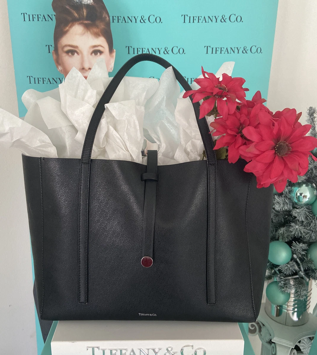 Tiffany Co Black Tote Purse Grain Leather Handbag Lg 11 x19 x6