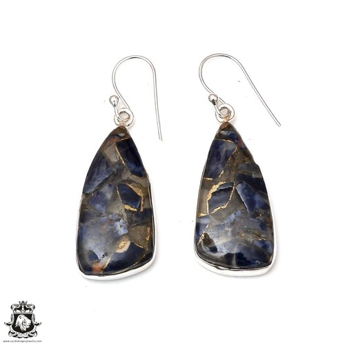 Pyrite Sodalite 925 SOLID Sterling Silver Hook Dangle Earrings E329 - 第 4/10 張圖片