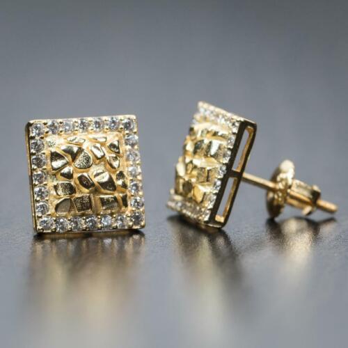 Small Mens 3D Iced Square 14K Gold Plated Nugget CZ Stud Screw back Earrings - Picture 2 of 4