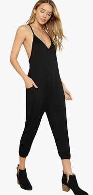 DIDK Women's V Neck Spaghetti Strap Harem Leg Cami Jumpsuit- Black- Medium- NEW