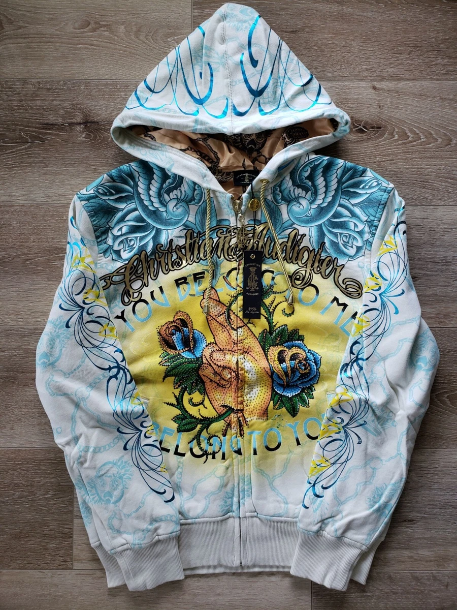 Christian Audigier & Ed Hardy Platinum Men Vintage Hoodie Finger Cross White