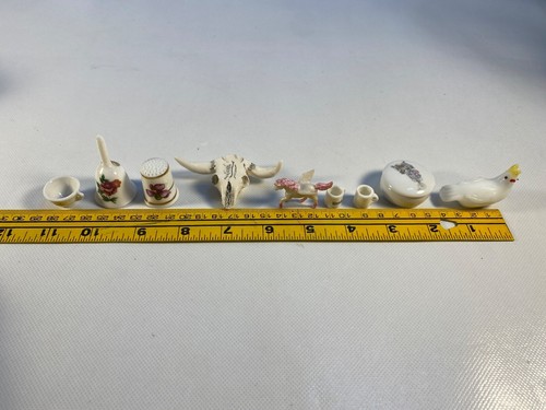 Mixed Lot of Dollhouse Minis: Cow Skull, Thimble, Bell, Unicorn, Chicken, Cups - Picture 6 of 11