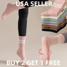 2 pairs Womens Yoga Crew Socks Long Pilates with Grip Non Slip Barre Workout