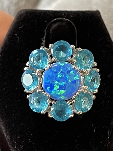 Blue Fire Lab-Created  Opal Blue CZ Sterling Silver Flower Ring Size 5 - Bild 2 von 12