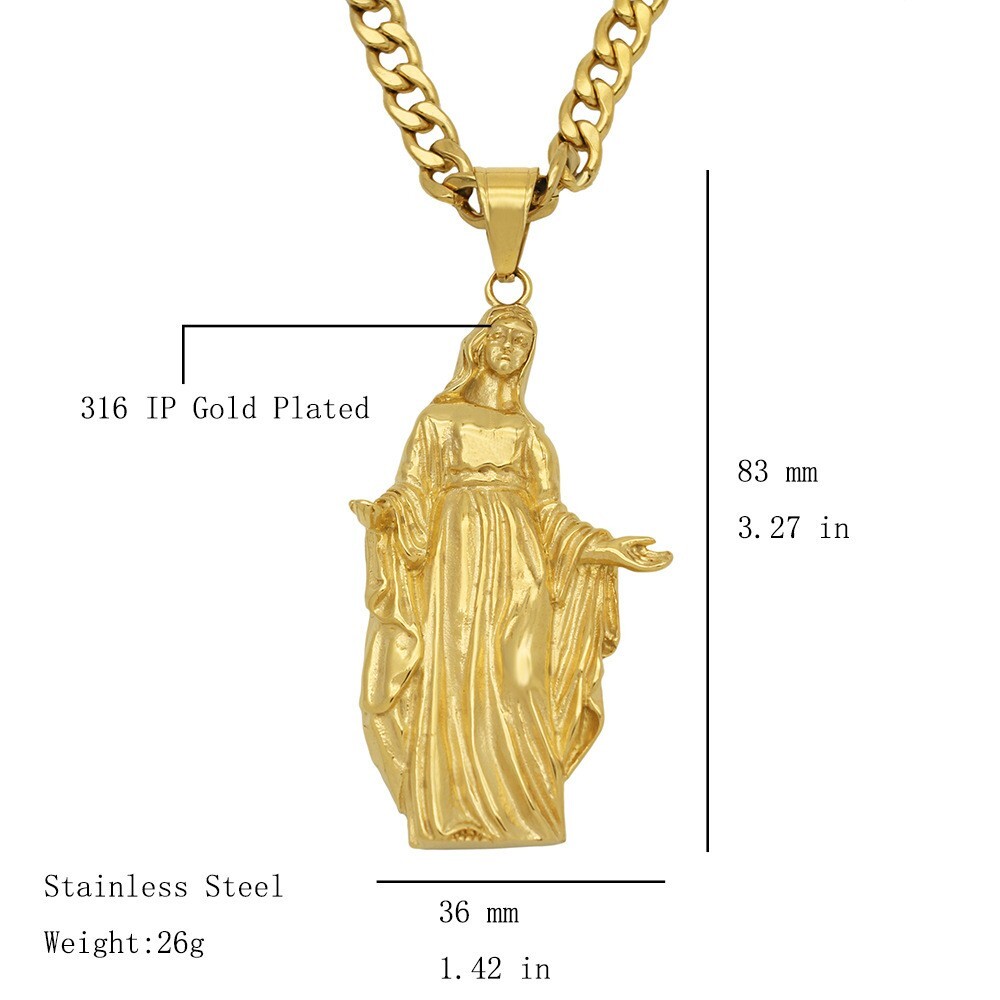 55mm Stainless Steel Virgin Mary Charm Pendant - Gold Plated, Unisex With Gift Box