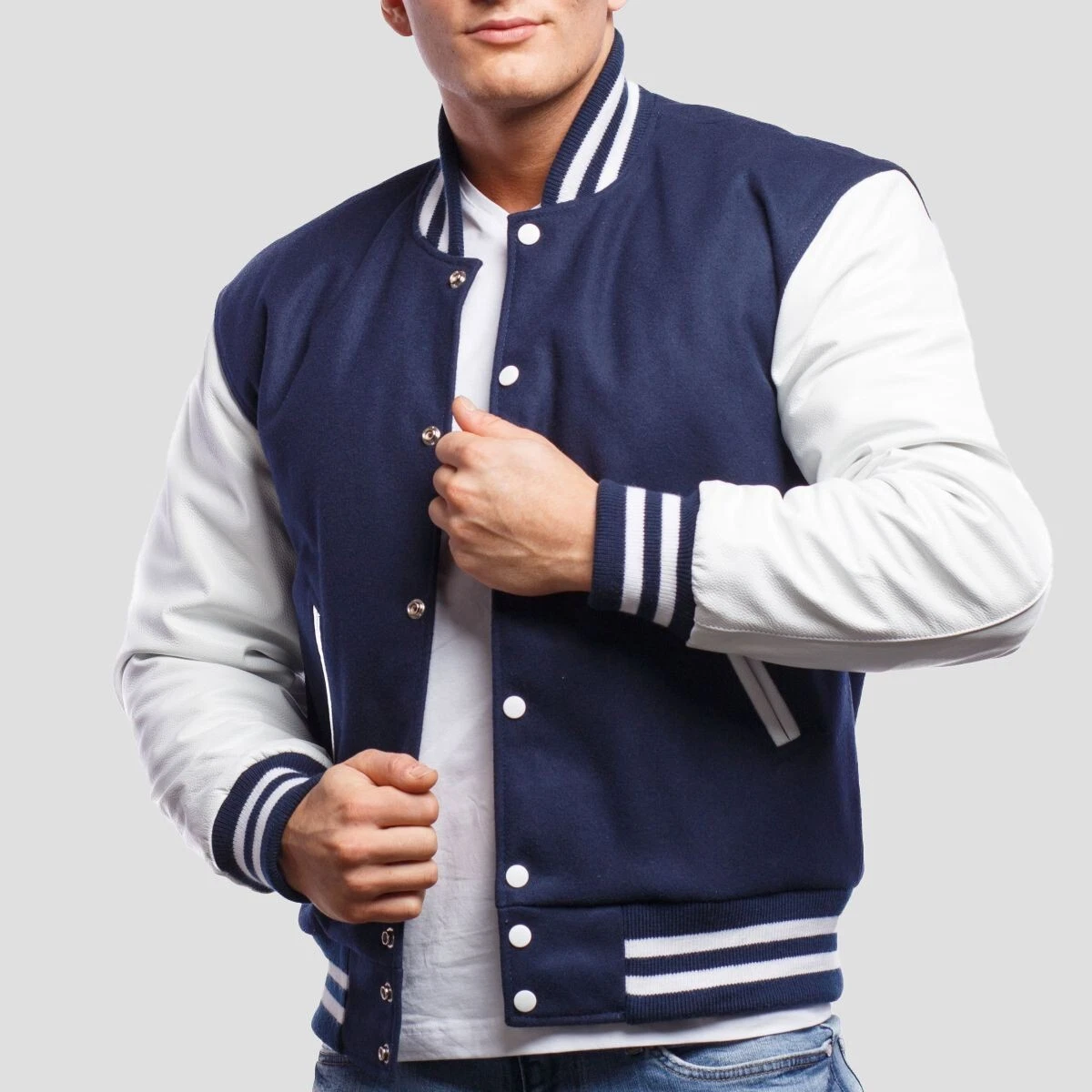 Men's Varsity Jacket - Classic Letterman Style, Navy Wool White Leather Sleeve