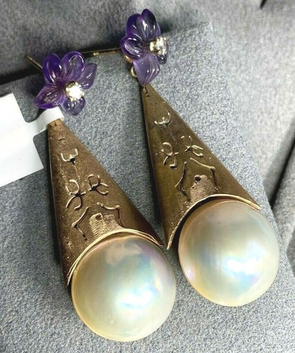 Vintage Diamond Earrings 14K Gold Amethyst Pearl Estate Fine Jewelry Pre-Owned - Picture 20 of 22