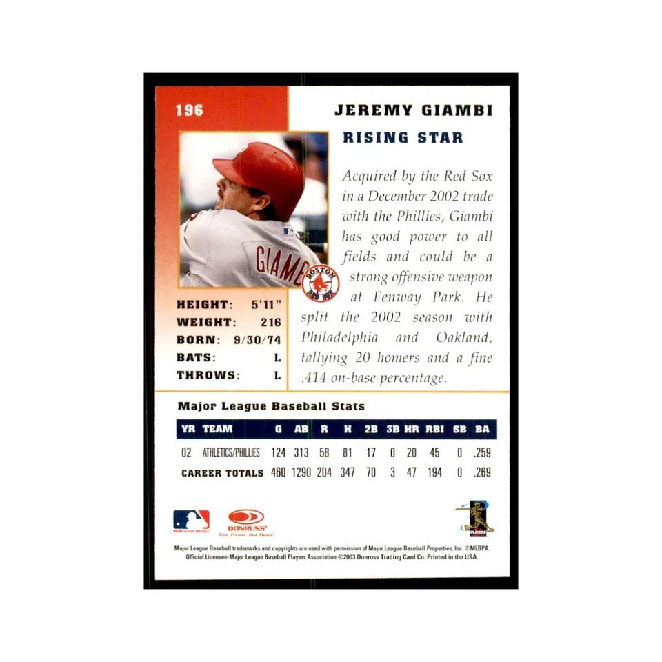 2003 Donruss Champions Jeremy Giambi Baseball Cards #196 - Image 2 of 3