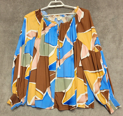 Perch by Blu Pepper Top Womens 3XL Tunic Blue Brown Tie Neck Balloon Sleeve New