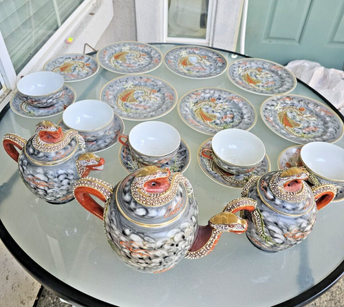 Stunning Vintage Japanese Satsuma Tea Set w/ Dragon Ware Moriage Geisha Woman - Picture 10 of 24