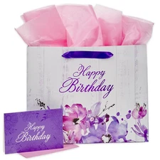 Happy Birthday Purple Floral Gift Bag with Card and Tissue Paper  Large Size