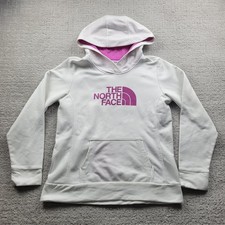 The North Face Hoodie Womens Large White Pink Logo Pullover Sweatshirt Fleece