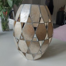 Vintage 1980s ? Capiz Shell Lamp Shade Beige Pendant Ceiling Barrel Shape 