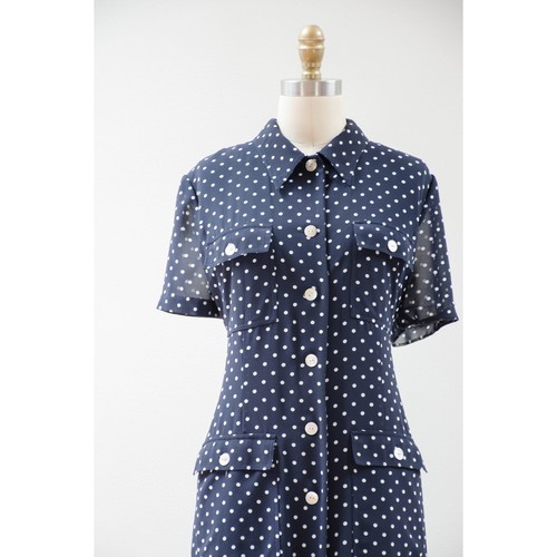 90s vtg navy blue polka dot loose oversized chiffon maxi dress - Picture 2 of 6