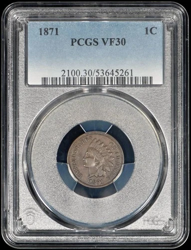 1871 Indian Head One Cent 1c Penny PCGS VF30