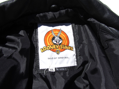 Looney Tunes ブラック レザージャケット 2XL 90s Vintage Black Leather Motorcycle Biker Jacket Rebel Bugs Bunny