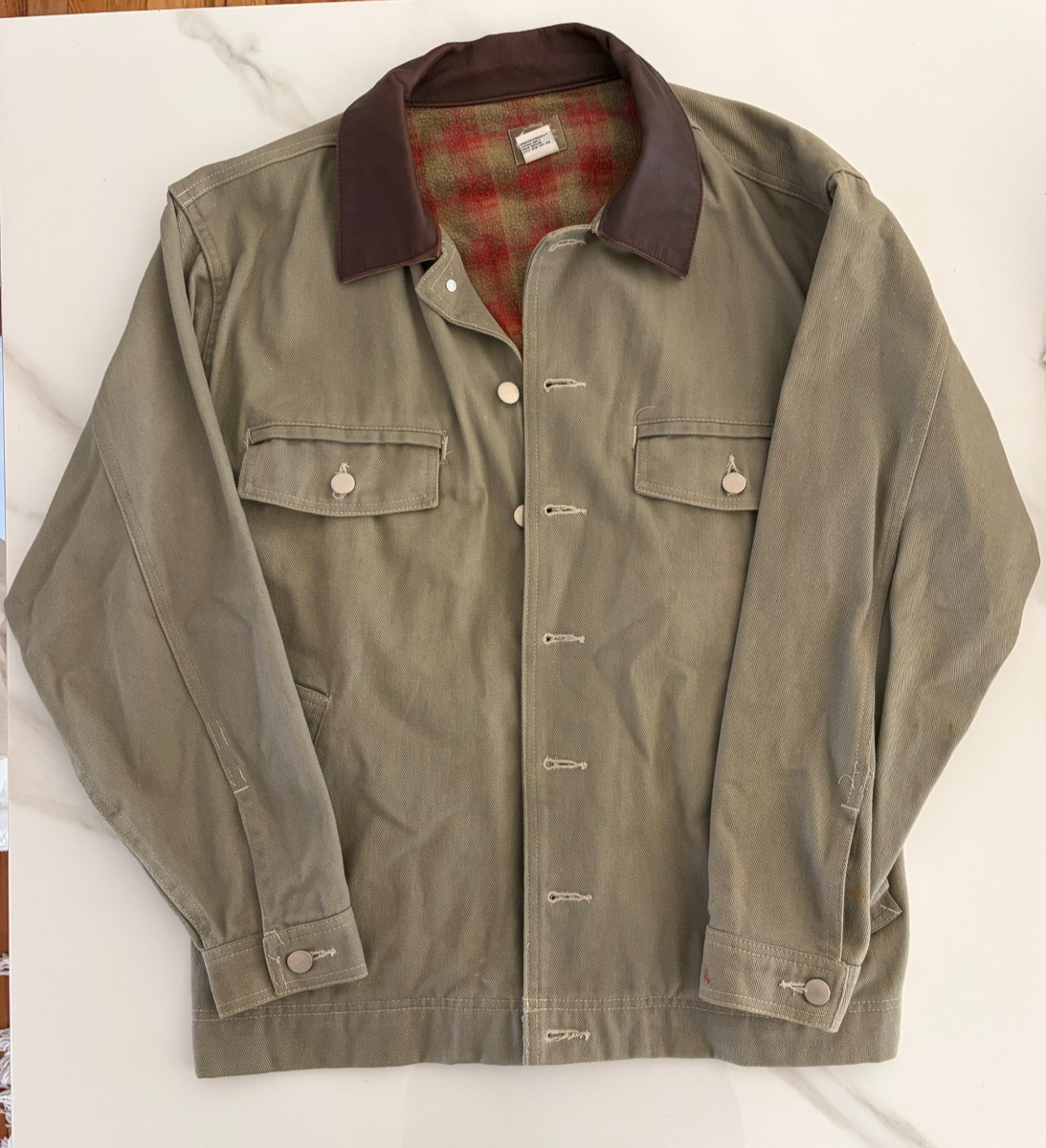 Vintage Canvas Work Jacket M Plaid Lining Leather Collar | eBay