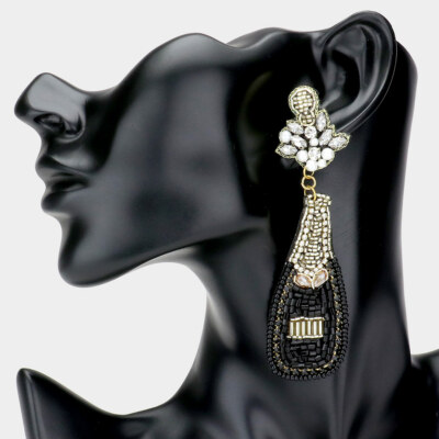 NEW Black Champagne Bottle Seed Bead Drop Dangle Statement