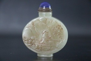 Chinese Antique Qing Hand Carved Hetian Jade Landscape Character Snuff Bottle