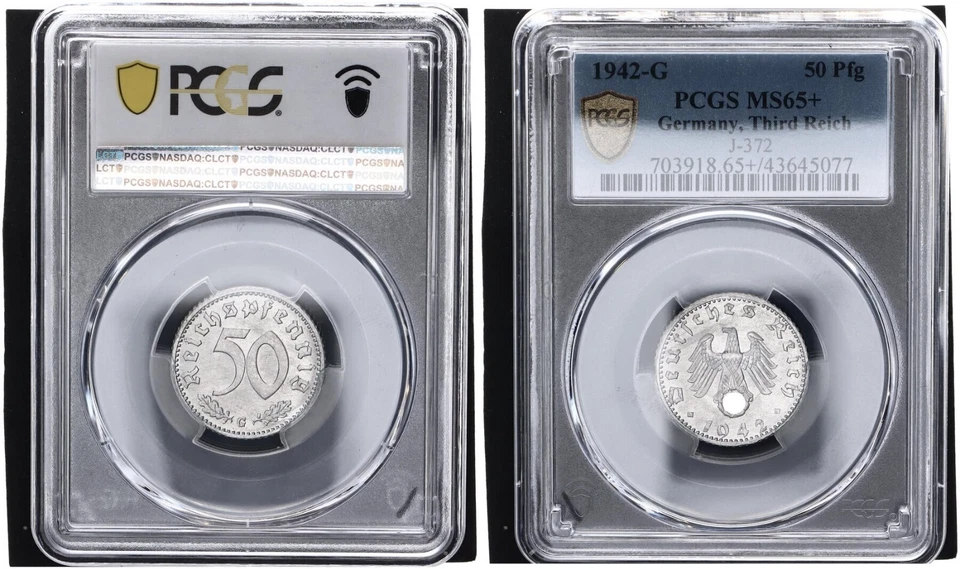 3. Reich 50 Pfennig 1942 G J.372 Aluminium PCGS MS65+  Stempelglanz    116044 - Bild 1 von 1