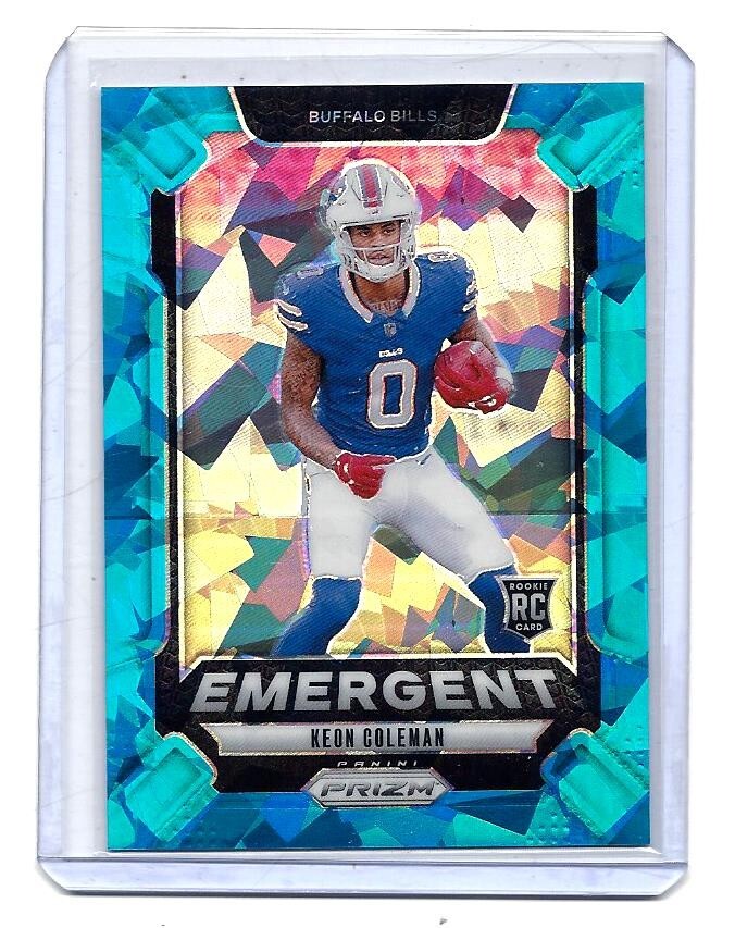 KEON COLEMAN 2024 PANINI PRIZM EMERGENT ROOKIE BLUE CRACKED ICE CARD 41/99