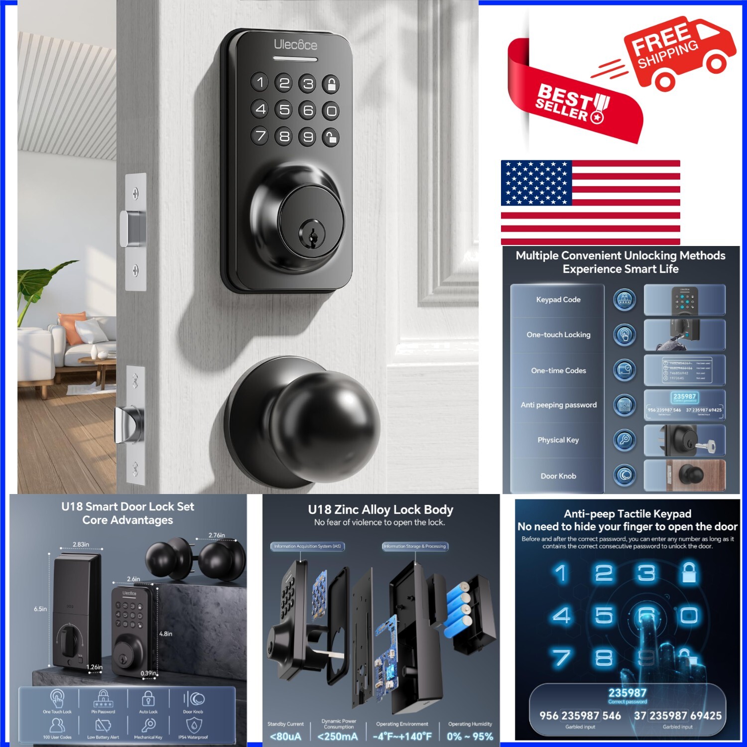 Smart Keyless Entry Deadbolt with Adjustable Handle for Front Door Security-image